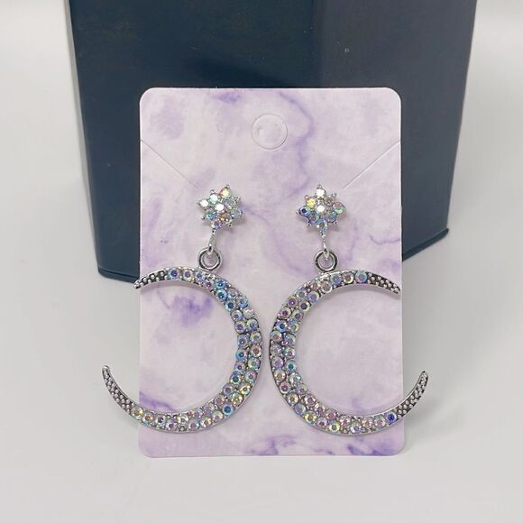 Moon Iridescent Rhinestone Crystal Post Drop Earrings - Picture 6 of 9